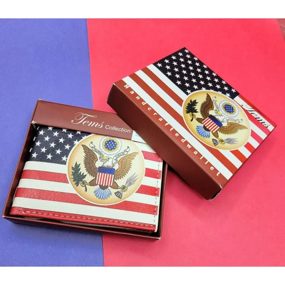 US Flag wallet with Logo Genuine PU Faux Leather Graphic Design Box Gift